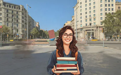 Self-guided city exploration game in Barcelona with a woman holding books in a bustling square.