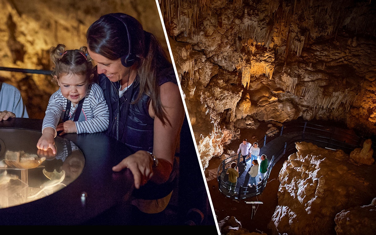 Mammoth Cave audio tour with child exploring exhibit and group in Ngilgi Cave, Margaret River.