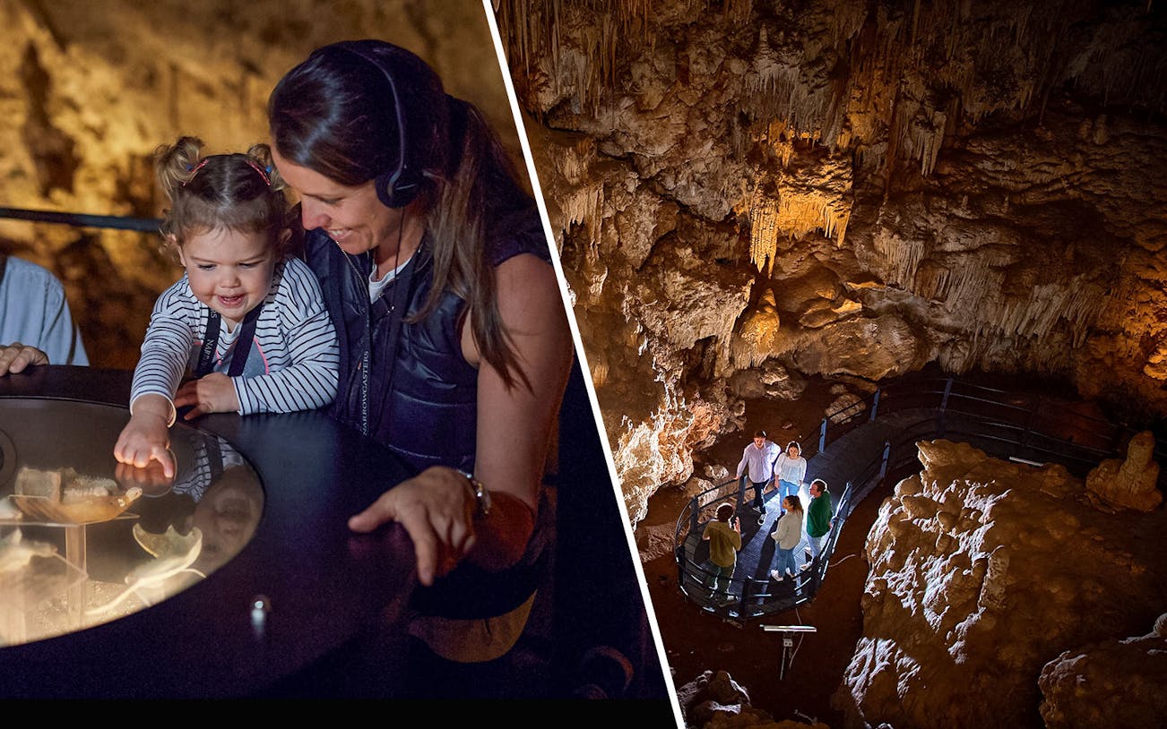 Mammoth Cave audio tour with child exploring exhibit and group in Ngilgi Cave, Margaret River.