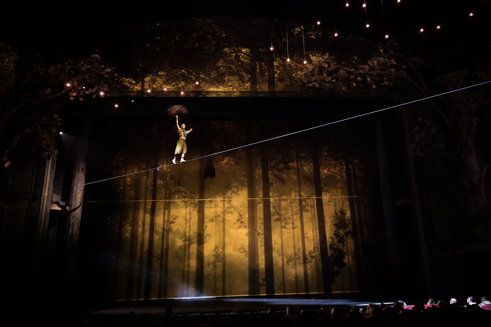 Performer on tightrope during Cirque du Soleil Alizé stage show.