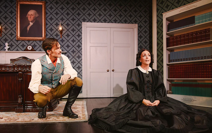 Actors performing a scene from "Oh, Mary!" Broadway show on stage.