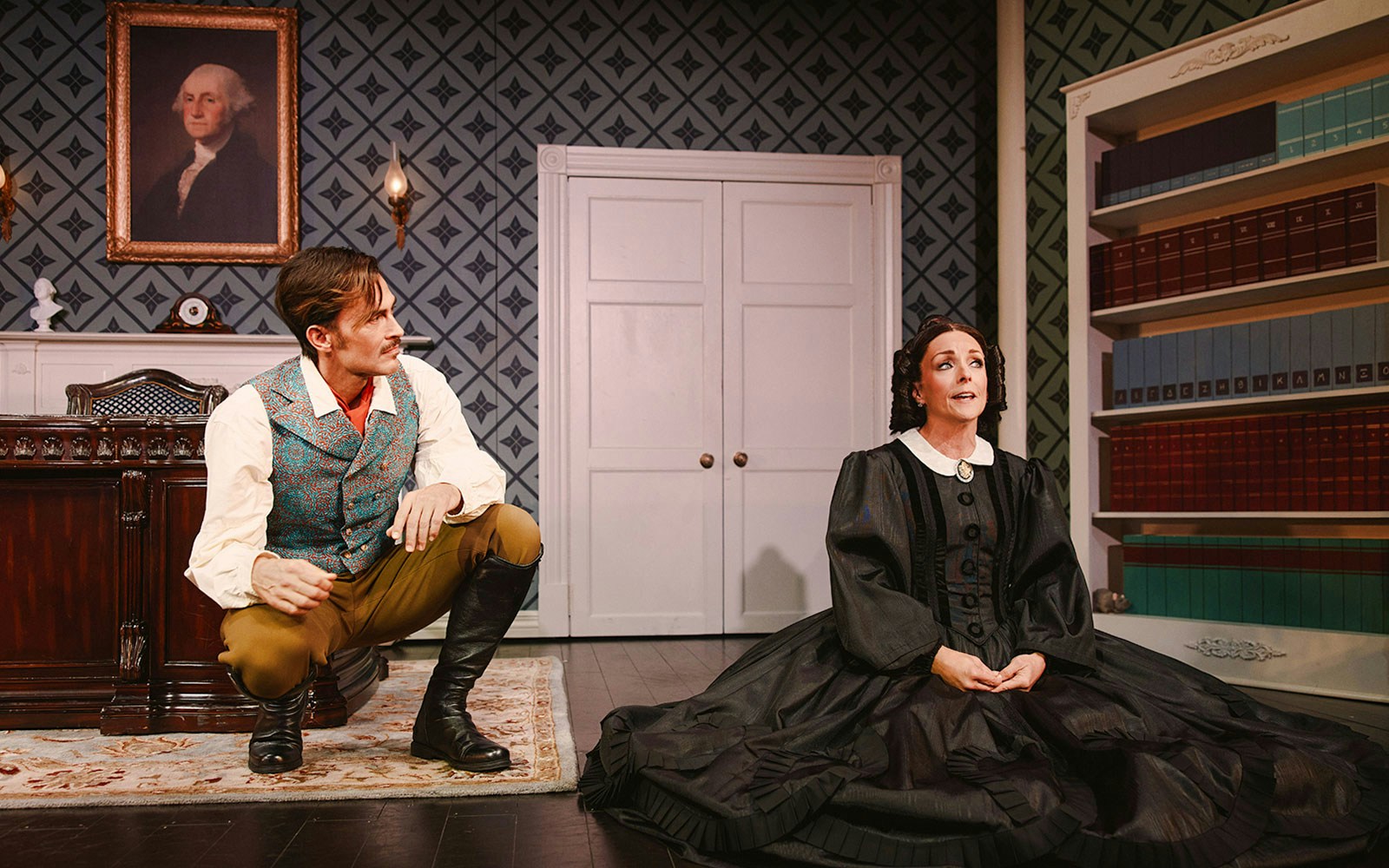 Actors performing a scene from "Oh, Mary!" Broadway show on stage.