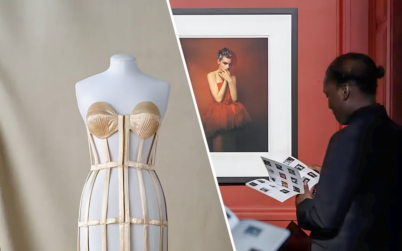 Mannequin with corset dress and visitor viewing art at Palais Galliera Exhibit.