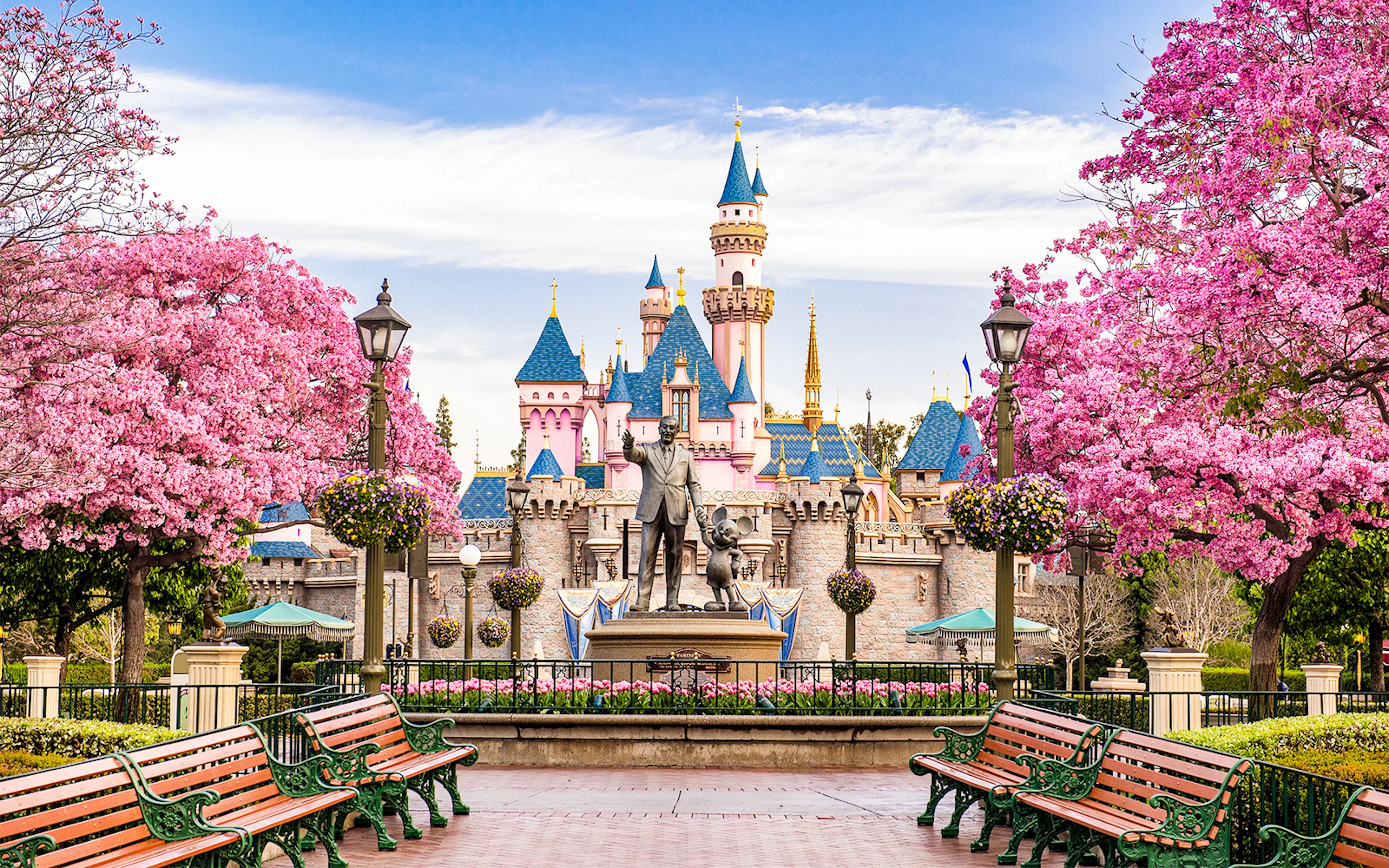 Disneyland California castle with cherry blossoms and blue sky.