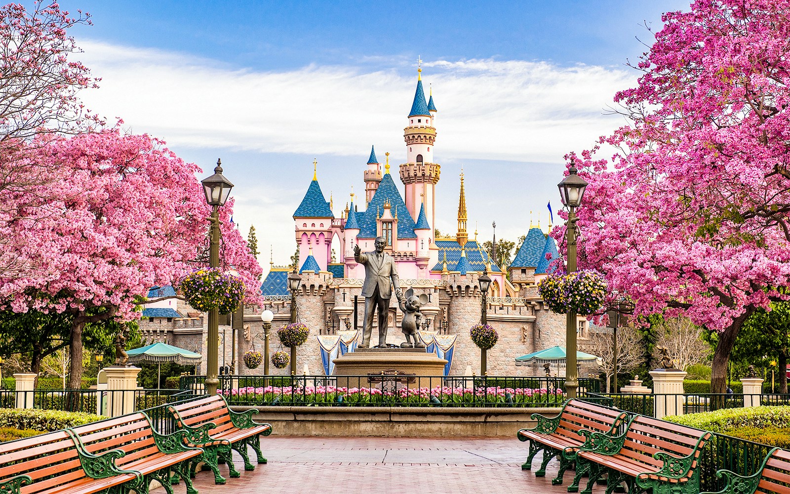 Disneyland California castle with cherry blossoms and blue sky.