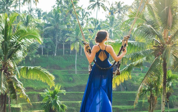 Person on swing overlooking Bali rice terraces during private tour.