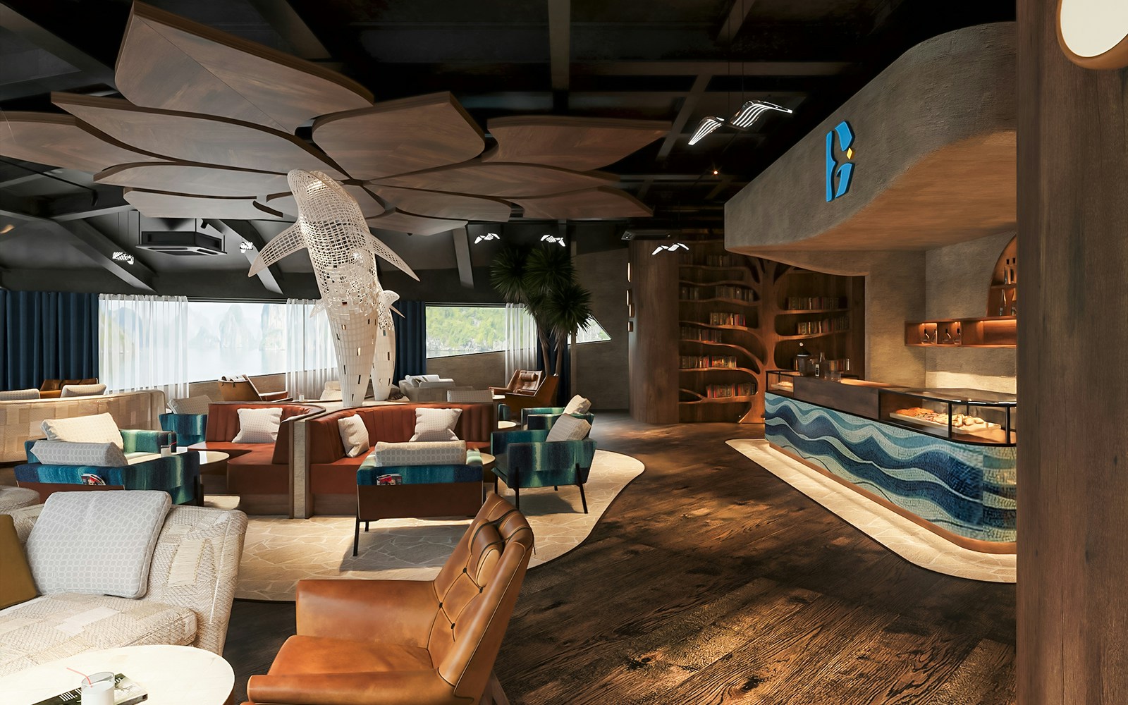 Lounge area with sofas, chairs, and a large whale shark sculpture near a counter.