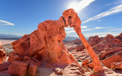 Valley of Fire's Elephant Rock formation under a clear blue sky.