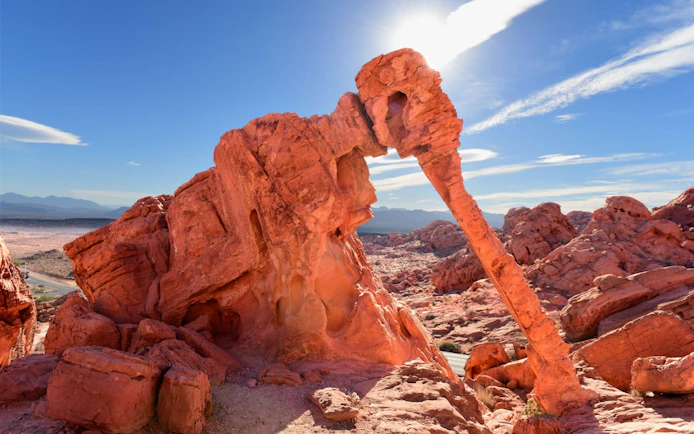 Valley of Fire's Elephant Rock formation under a clear blue sky.