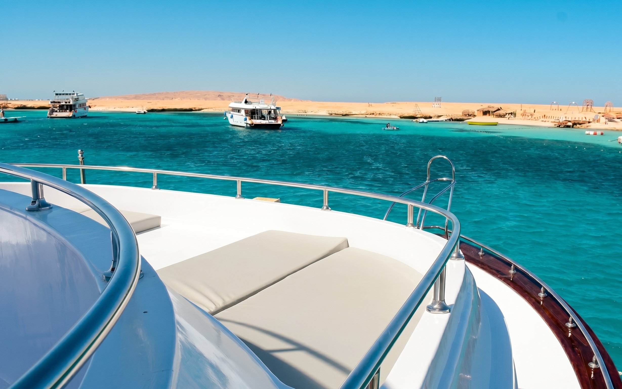 Boat deck overlooking turquoise waters near Orange Bay Island, Hurghada.