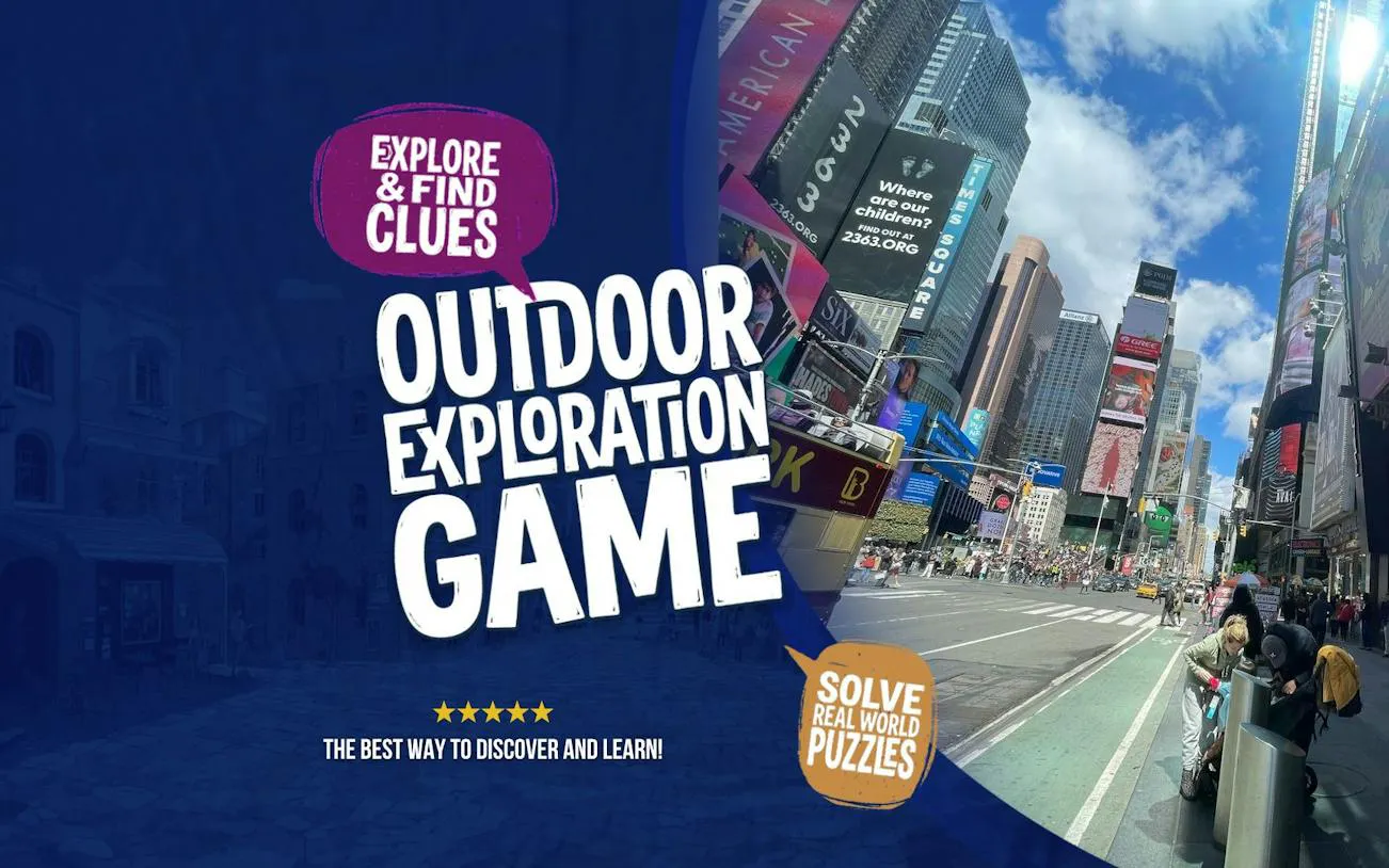 Outdoor exploration game in Times Square, Manhattan, featuring self-guided city exploration and puzzle-solving.