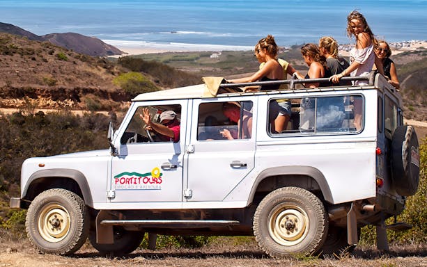 Tourists in a jeep exploring Vicentina Coast & Southwest Alentejo Natural Park.