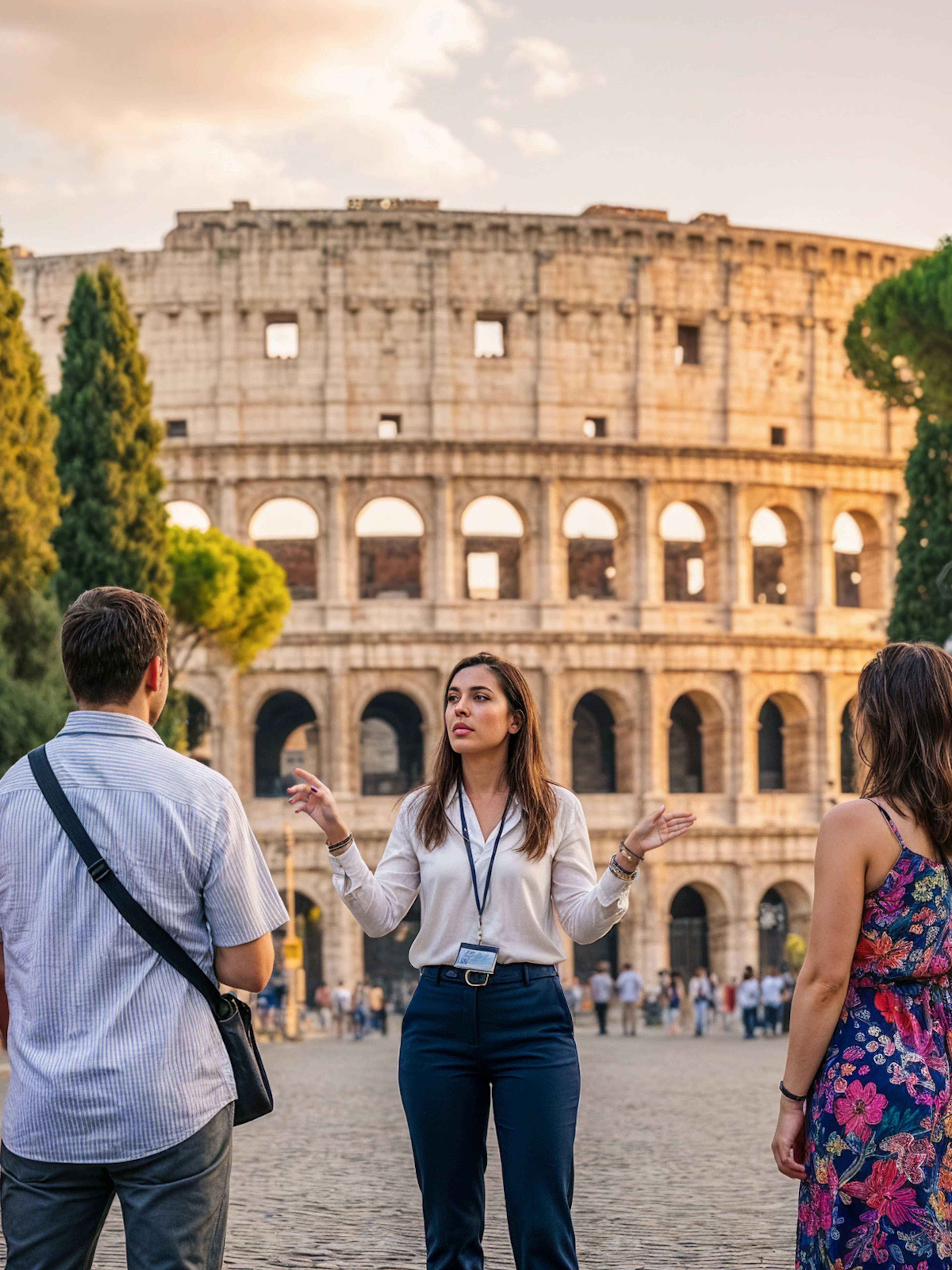 Tour guide with tourists in front of the Colosseum, Rome, at sunset.