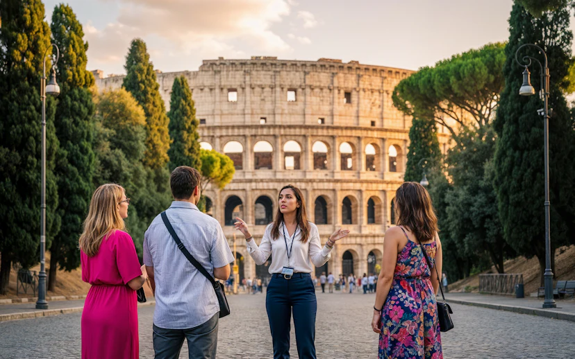 Tour guide with tourists in front of the Colosseum, Rome, at sunset.