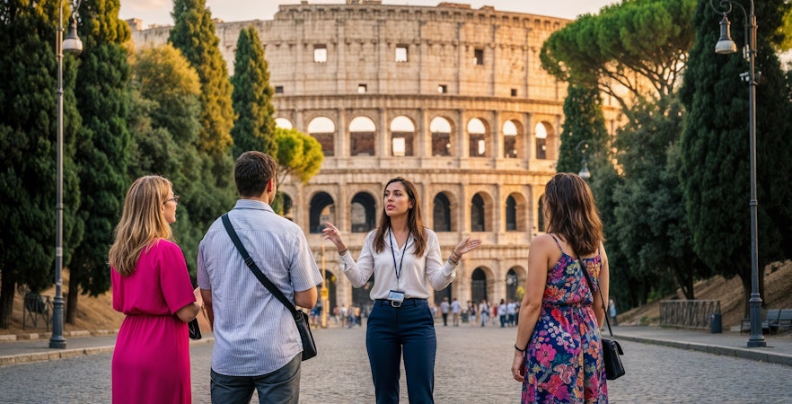 Tour guide with tourists in front of the Colosseum, Rome, at sunset.