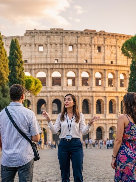 Tour guide with tourists in front of the Colosseum, Rome, at sunset.