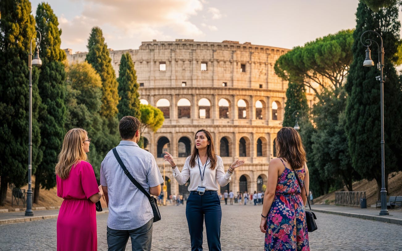 Tour guide with tourists in front of the Colosseum, Rome, at sunset.