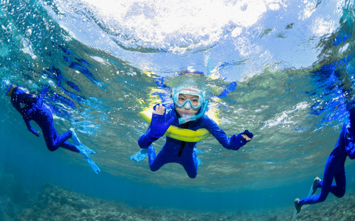 Snorkelers exploring coral reef in clear waters near Cairns.