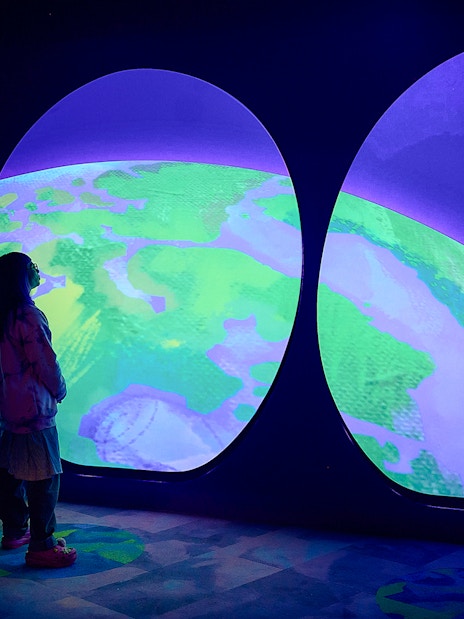 Visitor observing Earth display at Our Wondrous Planet exhibit, Melbourne Museum.