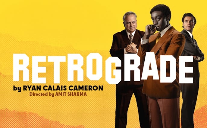 Retrograde play poster with three men in suits against a yellow background