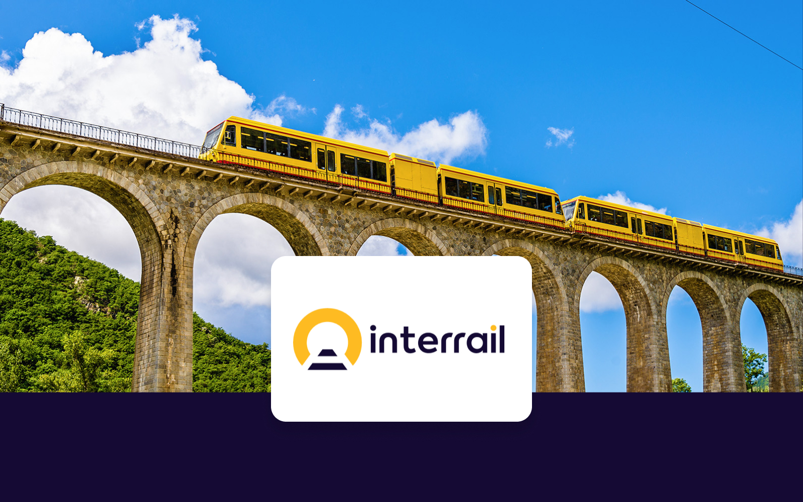 Yellow train crossing a stone viaduct with Interrail logo, promoting Global Flexible Pass.