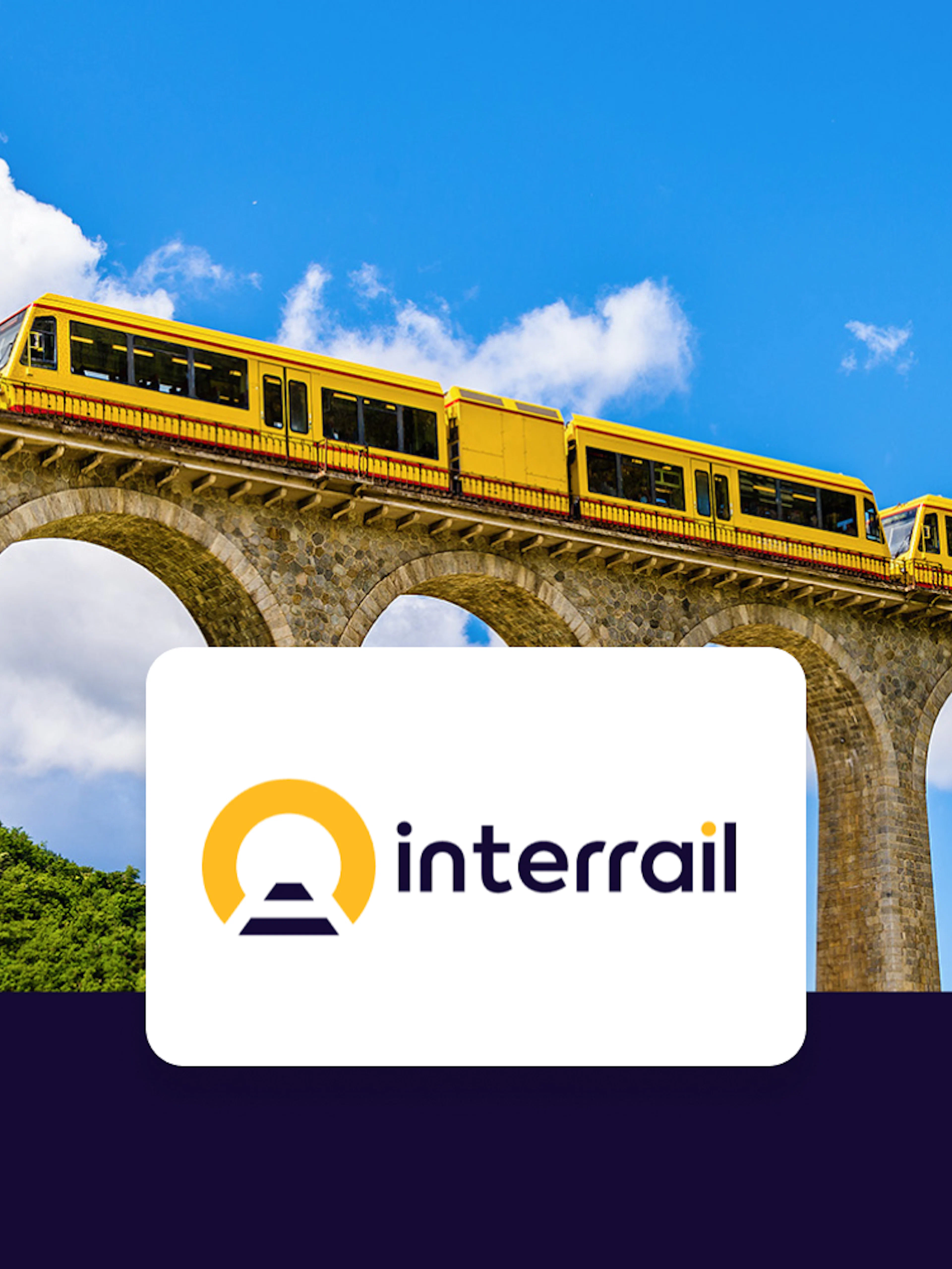 Yellow train crossing a stone viaduct with Interrail logo, promoting Global Flexible Pass.