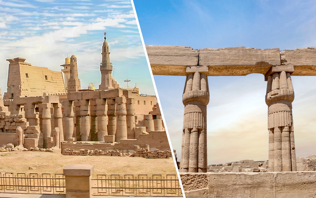Luxor Temple and Karnak Temple columns in Luxor, Egypt under a clear sky.