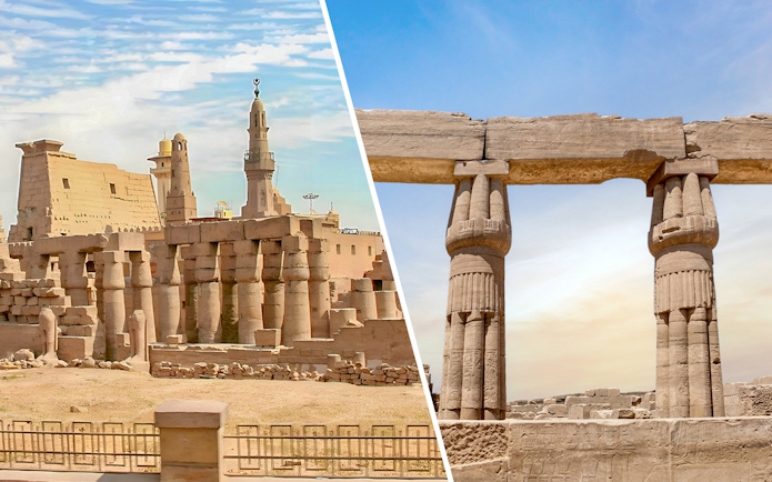 Luxor Temple and Karnak Temple columns in Luxor, Egypt under a clear sky.