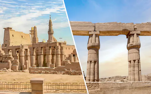 Luxor Temple and Karnak Temple columns in Luxor, Egypt under a clear sky.
