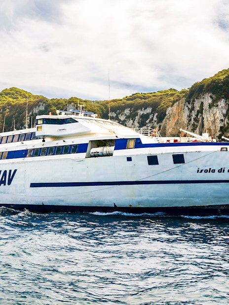 SNAV ferry sailing near Capri cliffs, route between Naples and Capri.