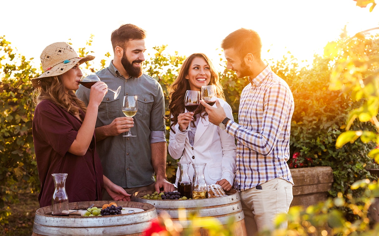 Group enjoying wine tasting in a Saint-Émilion vineyard at sunset.