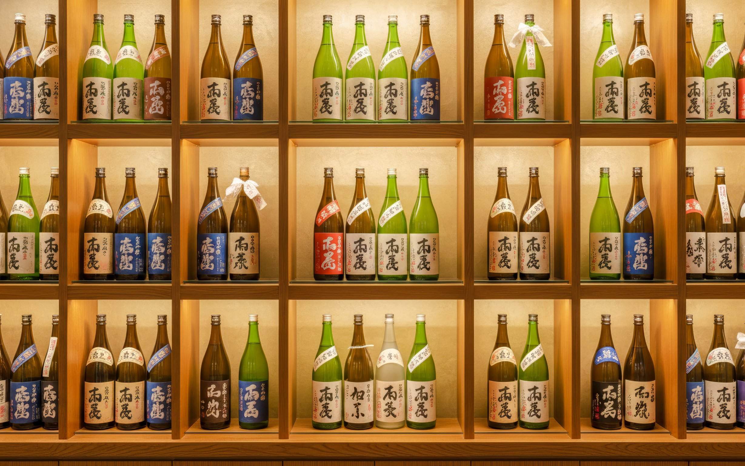 Sake bottles displayed on wooden shelves in a Japanese store.