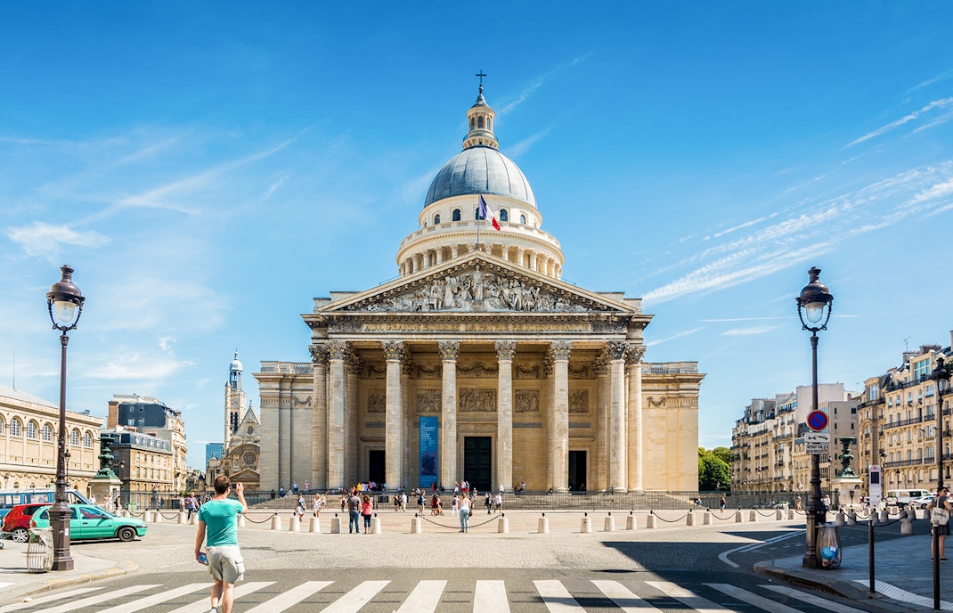 Pantheon in Paris with its grand neoclassical facade and Corinthian columns.