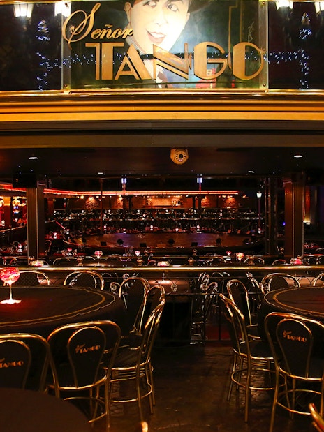 Dining area at Señor Tango Show with tables and stage in Buenos Aires.