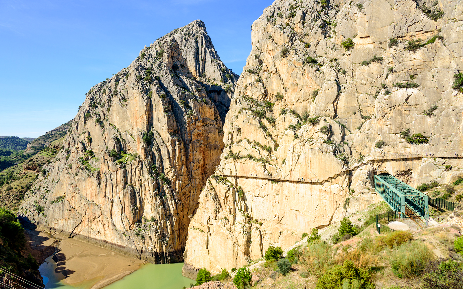 Caminito del Rey Canyon entrance with walkway and bridge in Málaga, Spain.
