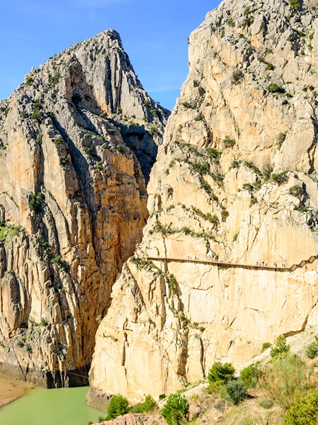 Caminito del Rey Canyon entrance with walkway and bridge in Málaga, Spain.