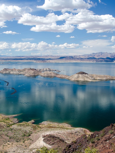 Lake Mead view with marina and distant mountains, seen during Grand Canyon West Rim tour from Las Vegas.