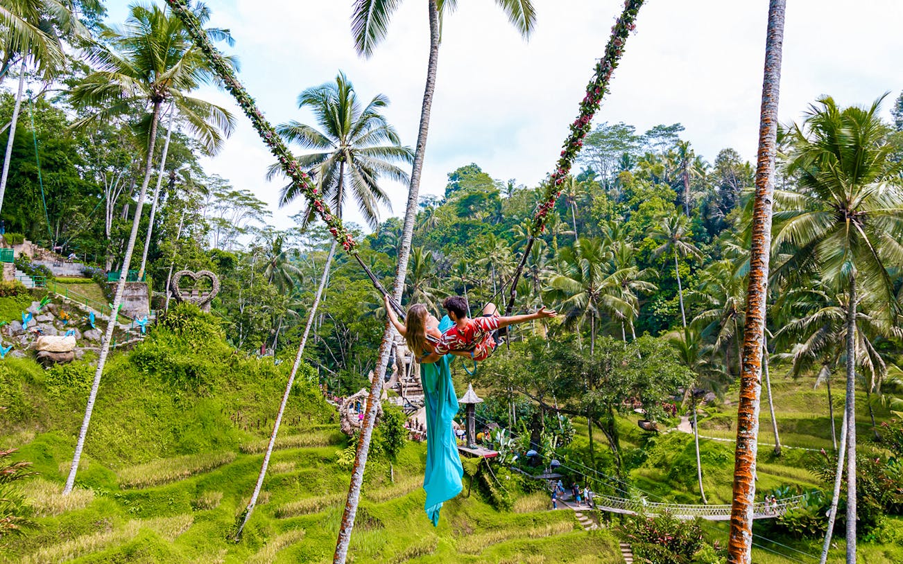 Couple on a swing overlooking rice terraces at Alas Harum, Bali.