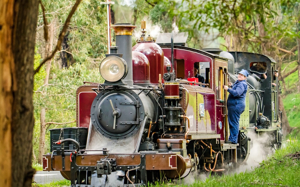 Puffing Billy steam train with crew member in Melbourne forest.