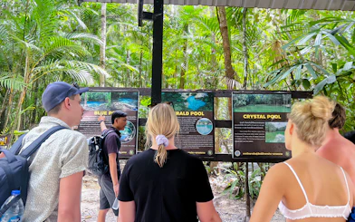 Guests reading information boards at Emerald Pools and Hot Spring, Krabi, Thailand.
