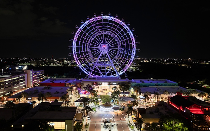 Ferris wheel illuminated at night in ICON Park, Orlando.