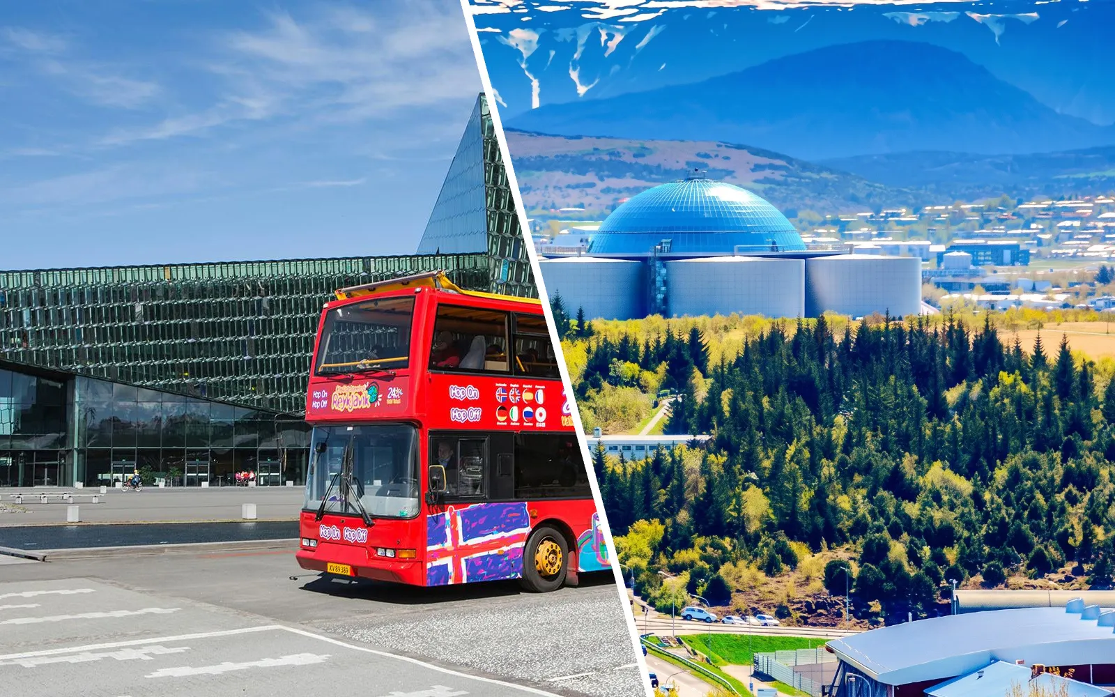 Reykjavik red hop-on hop-off bus near Harpa Concert Hall and Wonders of Iceland dome.