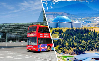 Reykjavik red hop-on hop-off bus near Harpa Concert Hall and Wonders of Iceland dome.