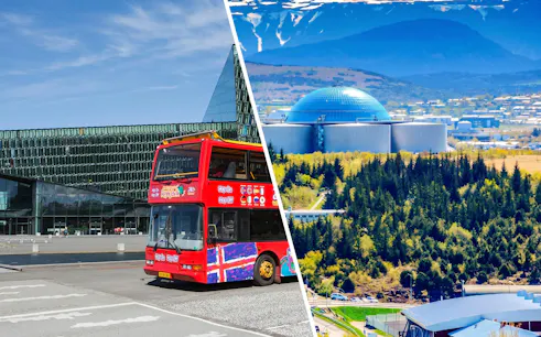 Reykjavik red hop-on hop-off bus near Harpa Concert Hall and Wonders of Iceland dome.