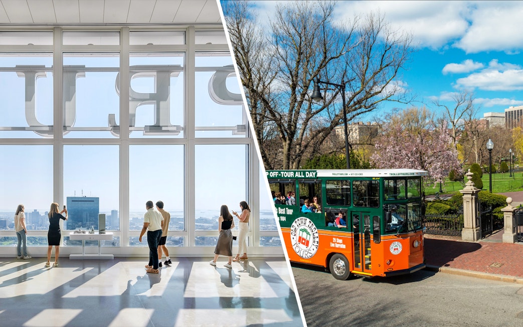 Visitors enjoying Boston skyline view and Old Town Trolley Tour passing through a park.