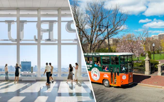 Visitors enjoying Boston skyline view and Old Town Trolley Tour passing through a park.