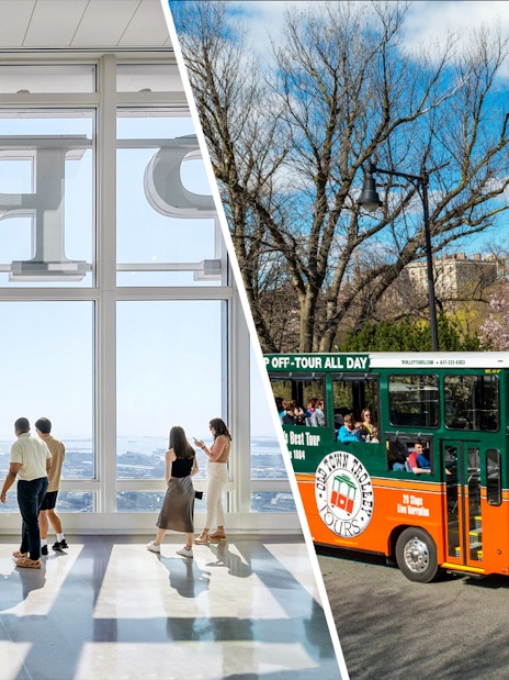 Visitors enjoying Boston skyline view and Old Town Trolley Tour passing through a park.