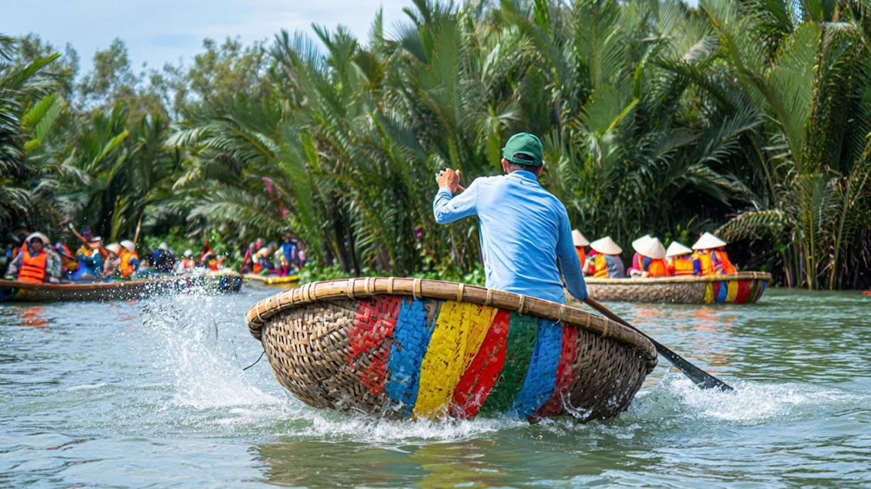 Guide rowing a colorful basket boat on Hoi An river with tourists in the background.