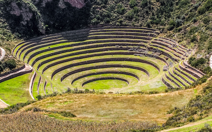 Terraced circular depressions at Moray Archaeological Site, Sacred Valley, near Cusco, Peru.