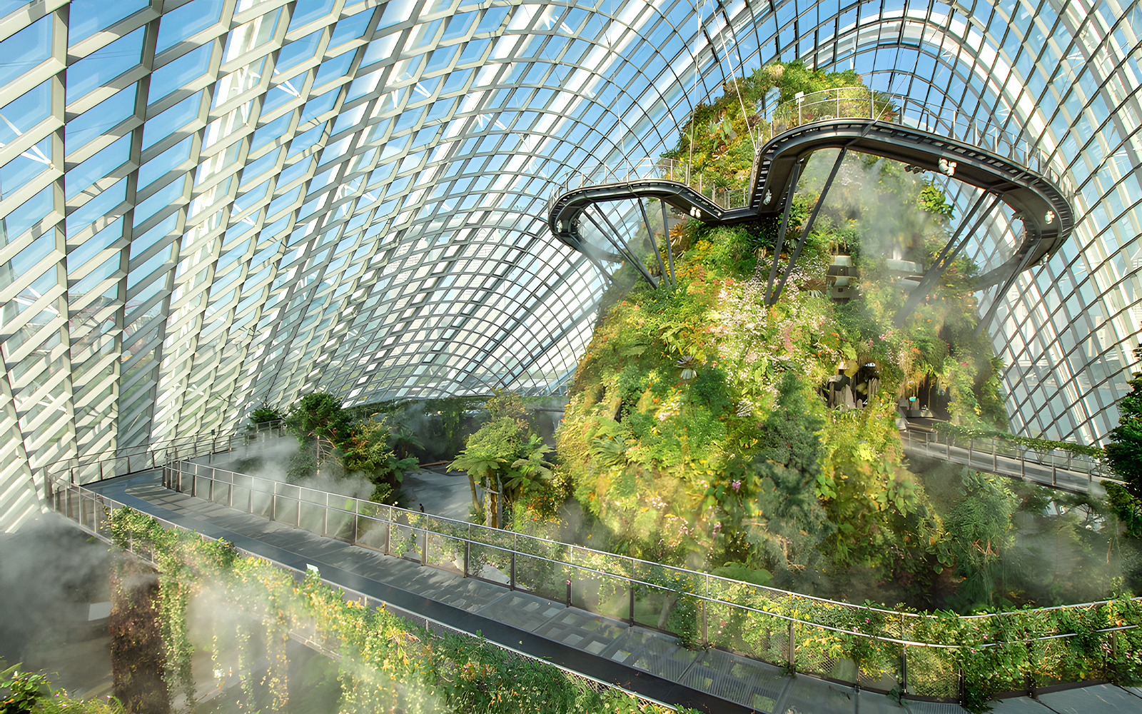 Supertree Observatory and Flower Dome interior with lush greenery and elevated walkway, Singapore.